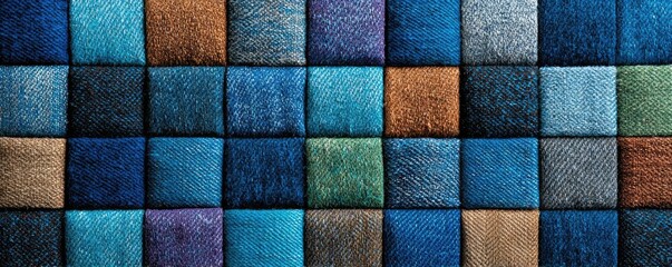 Fototapeta premium Blue denim patchwork design with fabric squares concept. Colorful fabric squares arranged in an appealing grid pattern.
