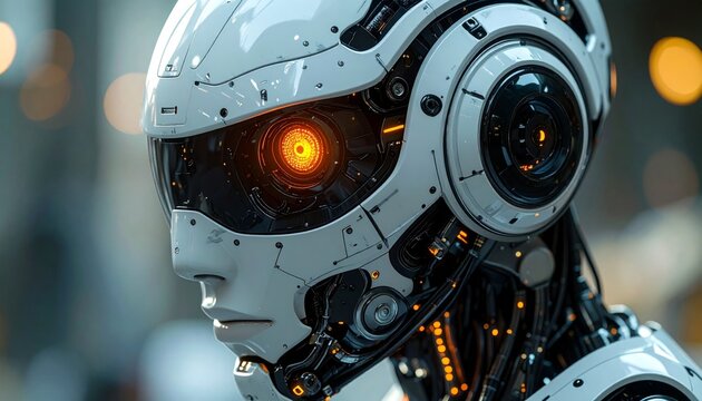 Futuristic robot head with detailed, and cyborg. - Powered by Adobe