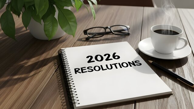 2026 Resolutions Notebook on Wooden Desk with Coffee and Plant.