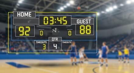 Digital scoreboard displays game statistics above blurred basketball players on a court
