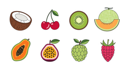 Collection of vibrant tropical fruits illustrated on a clean white background