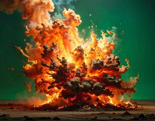Large explosion with fiery orange and brown clouds on green background