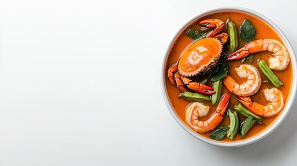 A delectable seafood stew featu succulent shrimp, crab, and crisp green beans simmers invitingly in a pristine white bowl against a clean white background.