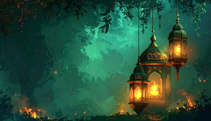 Lanterns in a Forest at Night.