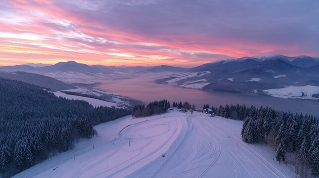 Aerial view captures a snowy slope, serene lake, and majestic mountains under a vibrant, painted sky
