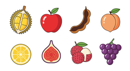Colorful assortment of fresh fruit icons in simple flat cartoon style