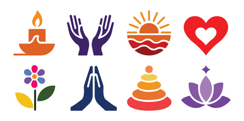 Wellness icons set showcasing candle, hands, sunset, and heart elements collection