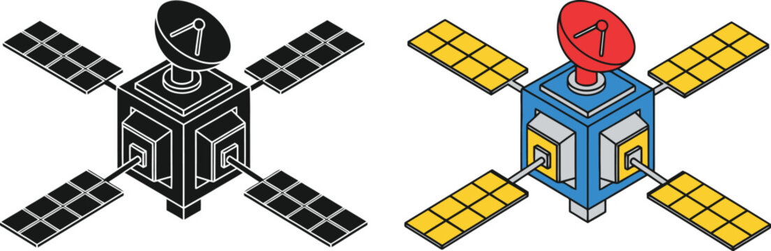 Isometric representation of a satellite in colored and monochrome versions