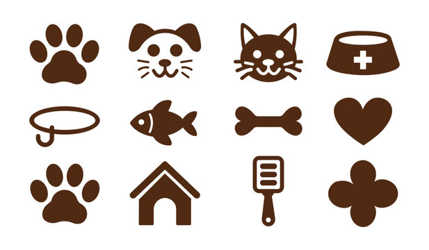 Animals and pet care icons set featuring paw prints, dogs, cats, and pet food design - Powered by Adobe