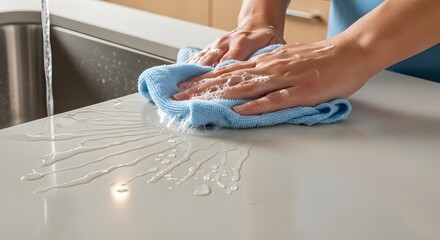 Close-up of hands wiping a wet kitchen countertop with a soapy blue cloth next to a sink.