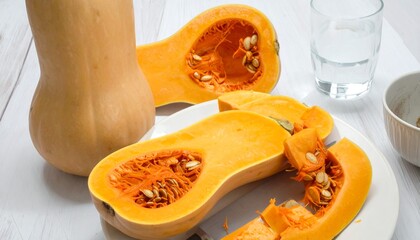 Butternut squash cut in half on a plate with water glass and a small bowl