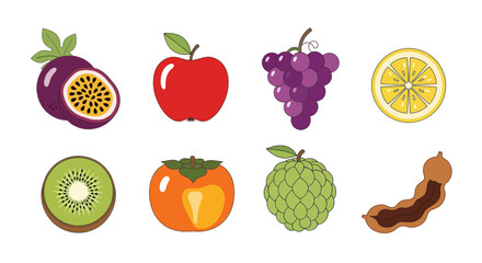 Colorful assortment of fresh fruit illustrations on a clean white backdrop