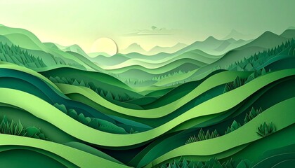 Green landscape paper cut design.