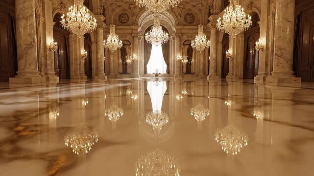 Grand Ballroom Interior with Crystal Chandeliers, Polished Marble Floor, and Ornate Classical Architecture