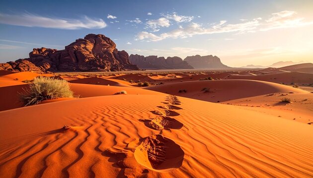 Footprints in desert sand at sunset.