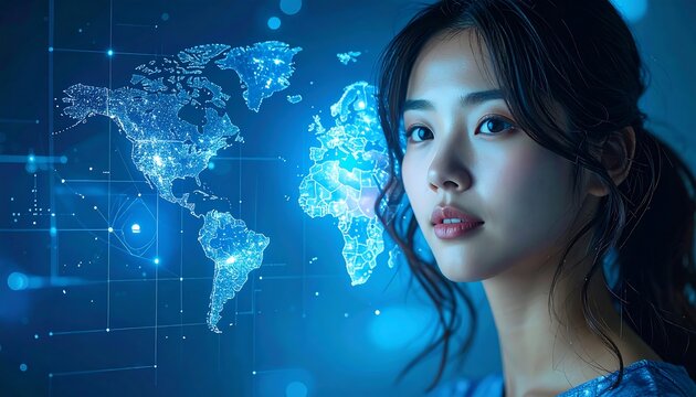 A young woman gazes at a glowing digital world map. Blue hues dominate, conveying tech and global connectivity - Powered by Adobe