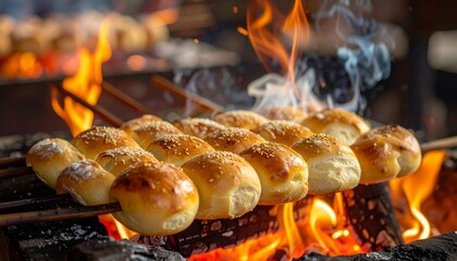Grilled bread rolls on skewers over fire.