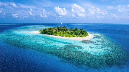 Aerial view of a tropical island with white sand beaches and turquoise ocean water under a blue sky