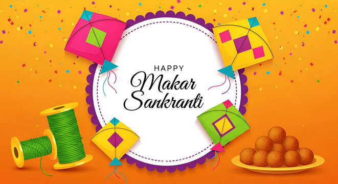 Happy Makar Sankranti poster or greeting card design with colorful kites and Indian dessert on orange texture background.