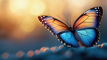 A close-up of a vibrant butterfly with open wings, showcasing its intricate patterns and colors against a blurred natural background during golden hour.