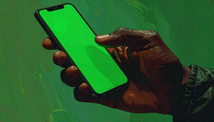 Hand holding phone with green screen background. (1)