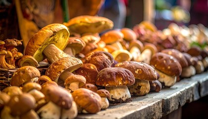 Fresh mushrooms display at farmers market.