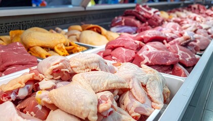 Fresh raw meat selection in a butcher shop.