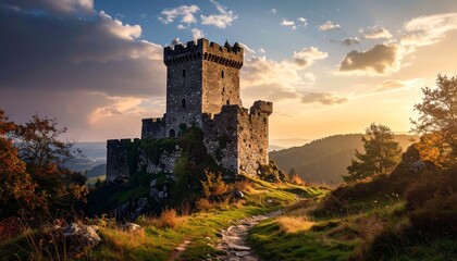 Medieval castle ruins at sunset.