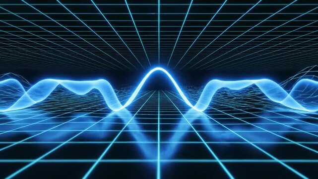 Seamless loop of a mesmerizing luminous blue sine wave smoothly oscillating across a futuristic dark digital landscape mathematical, fluid, ethereal