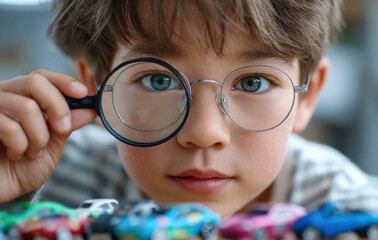 a young boy with glasses is using his magnifying glass to examine toy cars