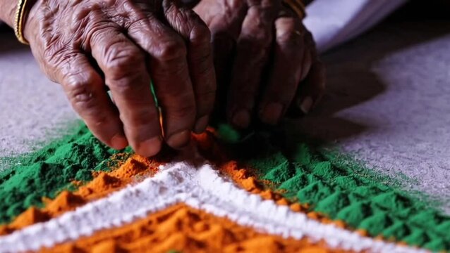 Tricolor rangoli being created by elderly hands, macro lens close focus, gentle lighting

