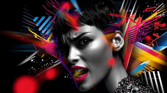 close-up stylized portrait of a vibrant young woman, surrounded by chaotic yet beautiful geometric bursts, glowing color explosions, abstract ribbons of energy, modern street-art meets digital-art sty