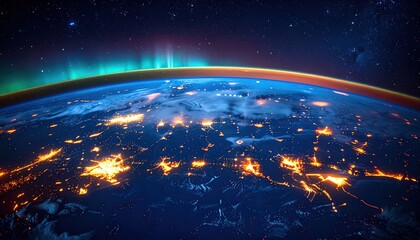 Obraz premium View of Earth from space showing city lights glowing under aurora and atmosphere, representing global connection, technology, and environmental beauty