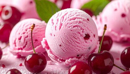 Cherry ice cream with fresh cherries.