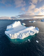 Large iceberg floats on serene blue waters with a cloudy sky