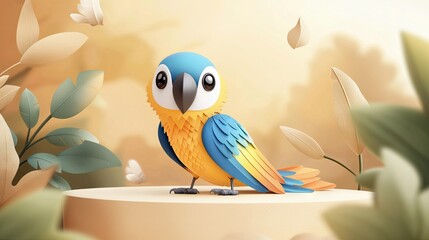 A cartoon parrot with blue, yellow, and orange feathers stands on a small podium surrounded by leaves and a soft, warm background.