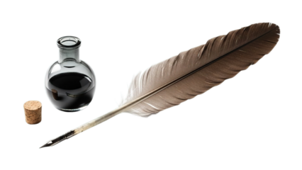 Elegant vintage quill pen and inkwell with dark black ink symbolizing wisdom isolated on transparent background