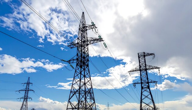 Power lines and sky with fluffy clouds, high-voltage electricity towers - Powered by Adobe