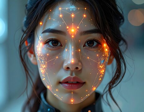 Portrait of Asian woman with glowing face technology overlay