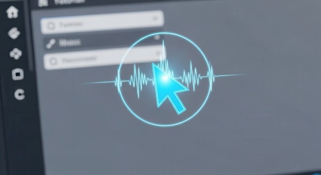 Digital cursor hovers over an illuminated sound wave graphic on a software interface