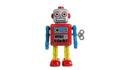 Colorful vintage tin toy robot character representing retro technology and childhood nostalgia isolated on transparent background