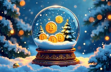 A snow globe with a Christmas tree and Bitcoin coins. A New Year's concept for investing and digital money.