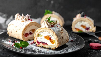 Fruit meringue rolls on black plate.