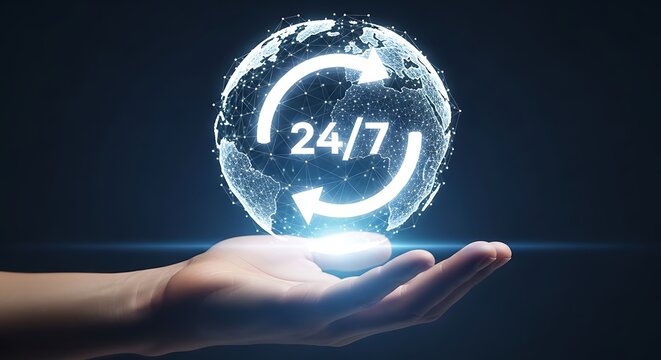 Hand holding a digital globe with 247 symbol, representing global support