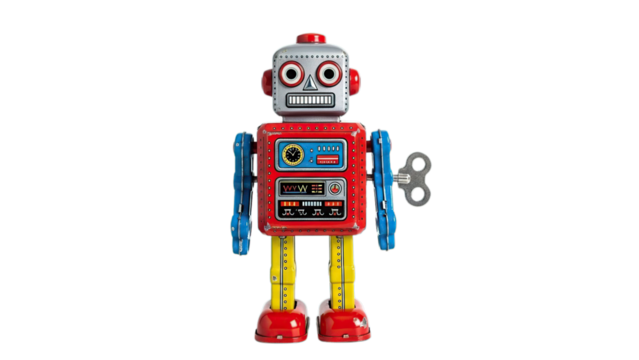 Colorful vintage tin toy robot character representing retro technology and childhood nostalgia isolated on transparent background
