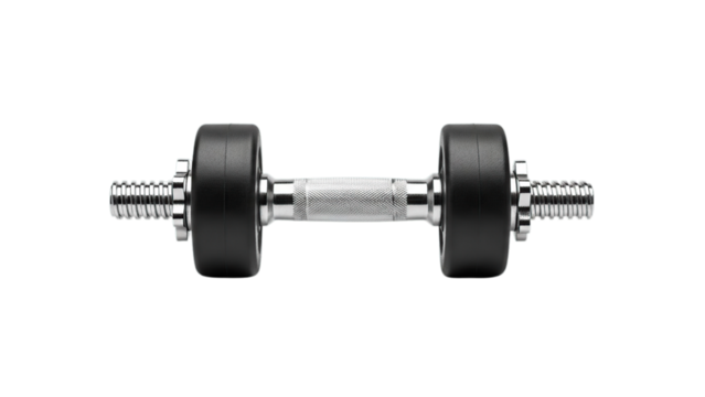 Modern adjustable chrome dumbbell for professional strength training and intense home workouts isolated on transparent background
