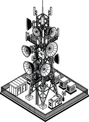 Detailed blueprint illustration of a complex cellular communication tower structure