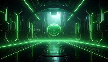 Futuristic hallway with neon green lights.