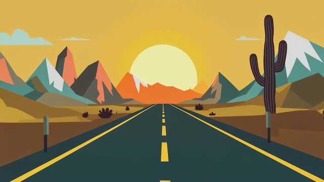 An endless road stretching through a majestic desert mountain landscape during a golden sunset, a vector illustration for travel and adventure concepts