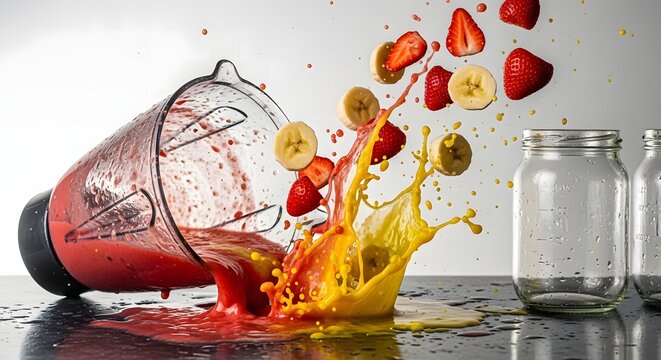 A vibrant fruit smoothie splashes out of a tipped blender with flying strawberries and bananas.